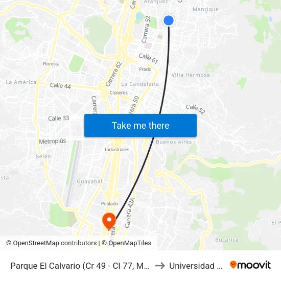 Parque El Calvario (Cr 49 - Cl 77, Medellín) to Universidad Eafit map