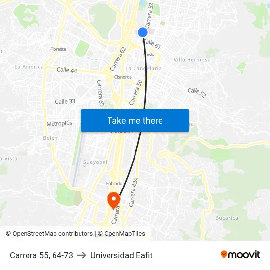Carrera 55, 64-73 to Universidad Eafit map