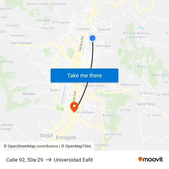 Calle 92, 50a-29 to Universidad Eafit map