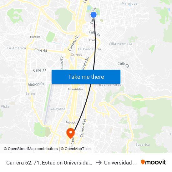 Carrera 52, 71, Estación Universidad Buses to Universidad Eafit map