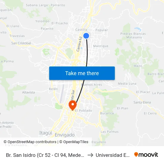 Br. San Isidro (Cr 52 - Cl 94, Medellín) to Universidad Eafit map