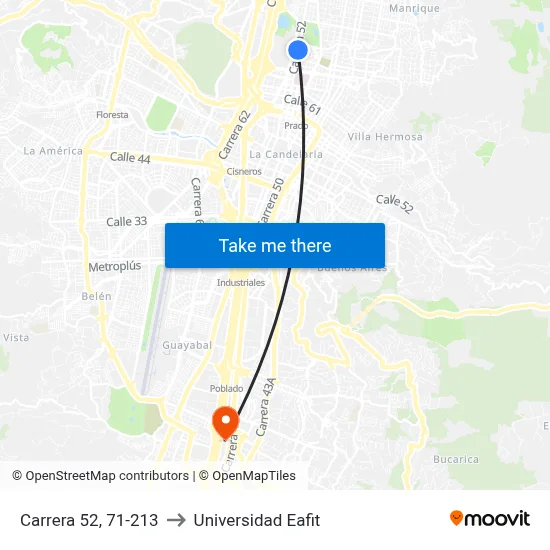 Carrera 52, 71-213 to Universidad Eafit map