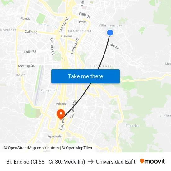 Br. Enciso (Cl 58 - Cr 30, Medellín) to Universidad Eafit map
