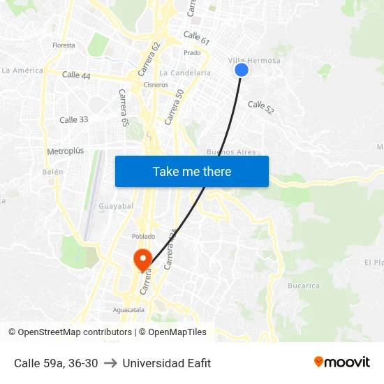Calle 59a, 36-30 to Universidad Eafit map