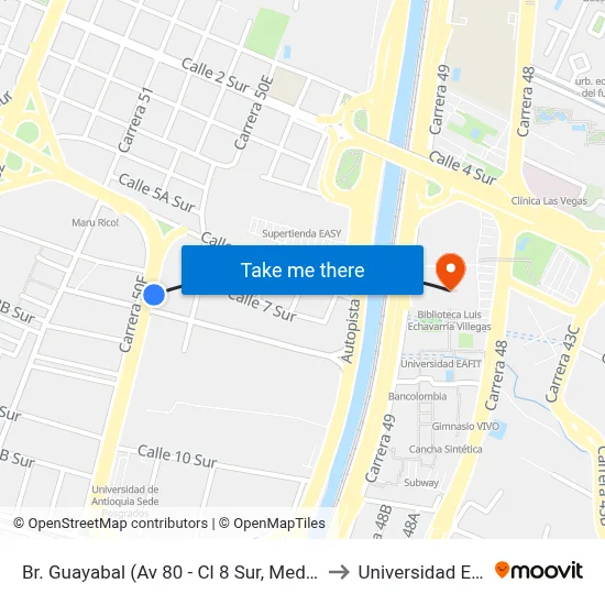 Br. Guayabal (Av 80 - Cl 8 Sur, Medellín) to Universidad Eafit map
