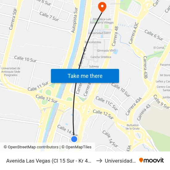 Avenida Las Vegas (Cl 15 Sur - Kr 48, Medellín) to Universidad Eafit map