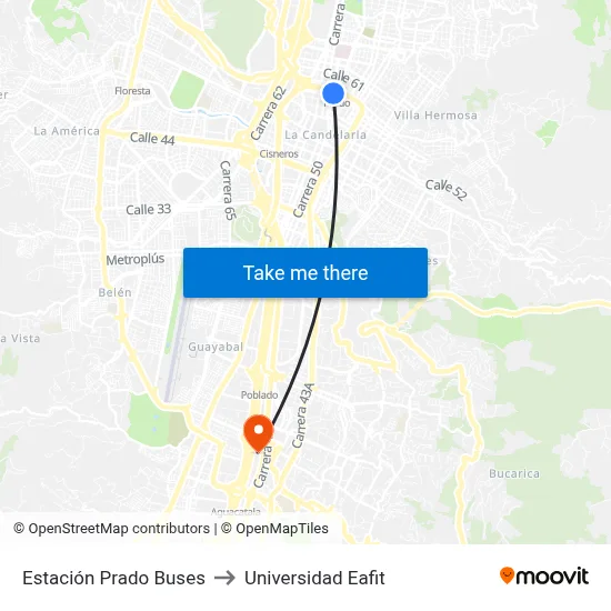 Estación Prado Buses to Universidad Eafit map