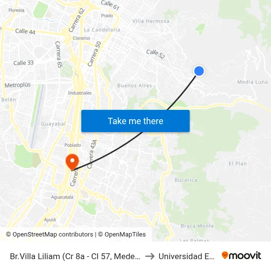 Br.Villa Liliam (Cr 8a - Cl 57, Medellín) to Universidad Eafit map