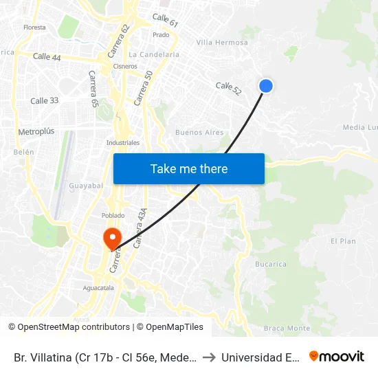Br. Villatina (Cr 17b - Cl 56e, Medellín) to Universidad Eafit map