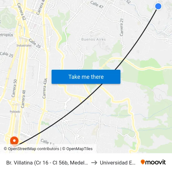 Br. Villatina (Cr 16 - Cl 56b, Medellín) to Universidad Eafit map