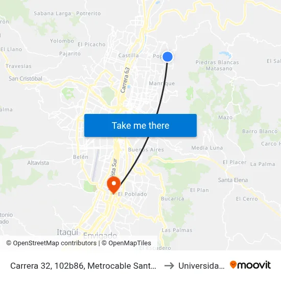 Carrera 32, 102b86, Metrocable Santo Domingo Savio to Universidad Eafit map