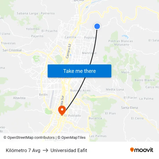 Kilómetro 7 Avg to Universidad Eafit map