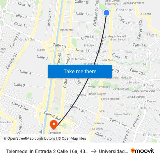 Telemedellin Entrada 2 Calle 16a, 43b2-43b182 to Universidad Eafit map