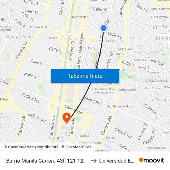 Barrio Manila Carrera 43f, 121-12131 to Universidad Eafit map