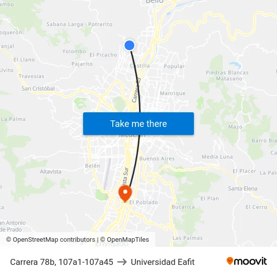 Carrera 78b, 107a1-107a45 to Universidad Eafit map