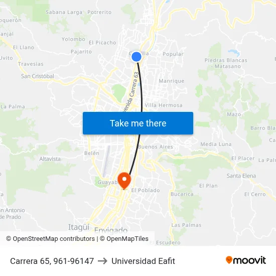 Carrera 65, 961-96147 to Universidad Eafit map