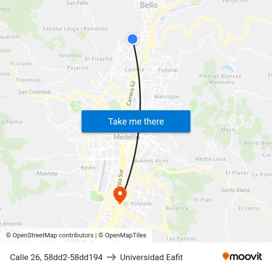 Calle 26, 58dd2-58dd194 to Universidad Eafit map