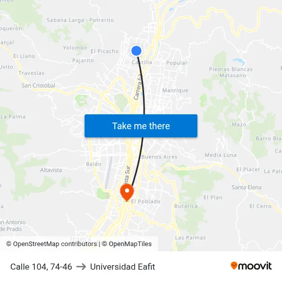 Calle 104, 74-46 to Universidad Eafit map