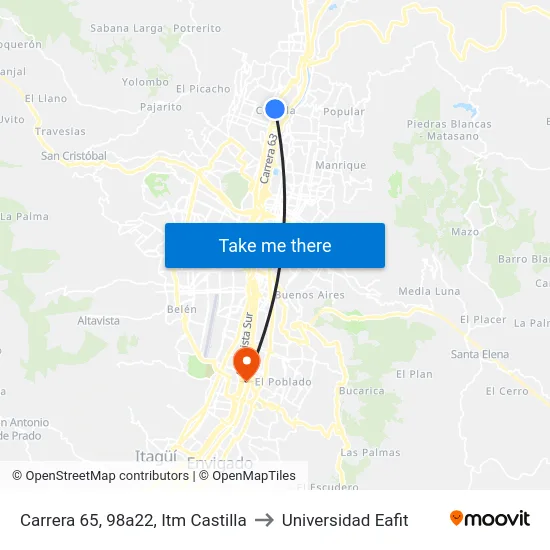 Carrera 65, 98a22, Itm Castilla to Universidad Eafit map