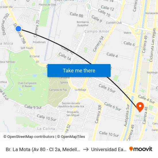 Br. La Mota (Av 80 - Cl 2a, Medellín) to Universidad Eafit map