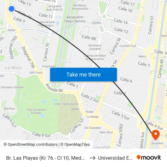 Br. Las Playas (Kr 76 - Cl 10, Medellín) to Universidad Eafit map