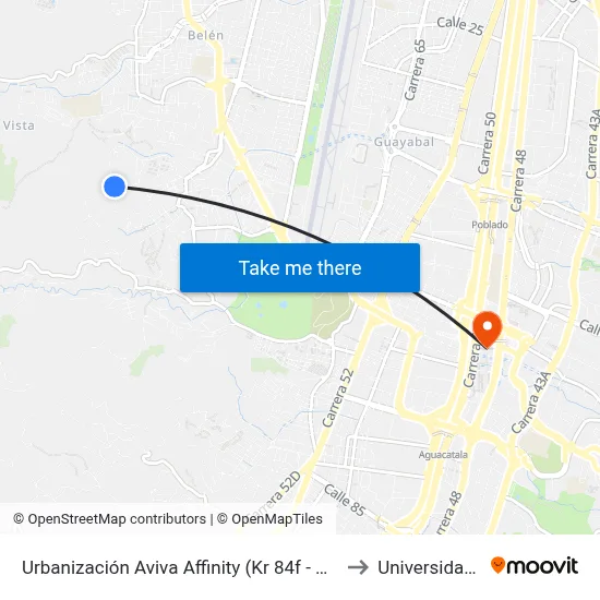 Urbanización Aviva Affinity (Kr 84f - Cl 3d, Medellín) to Universidad Eafit map
