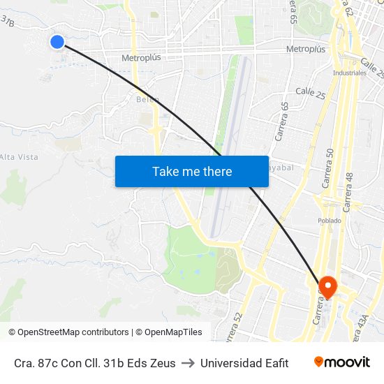 Cra. 87c Con Cll. 31b Eds Zeus to Universidad Eafit map