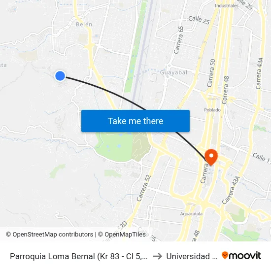 Parroquia Loma Bernal (Kr 83 - Cl 5, Medellín) to Universidad Eafit map