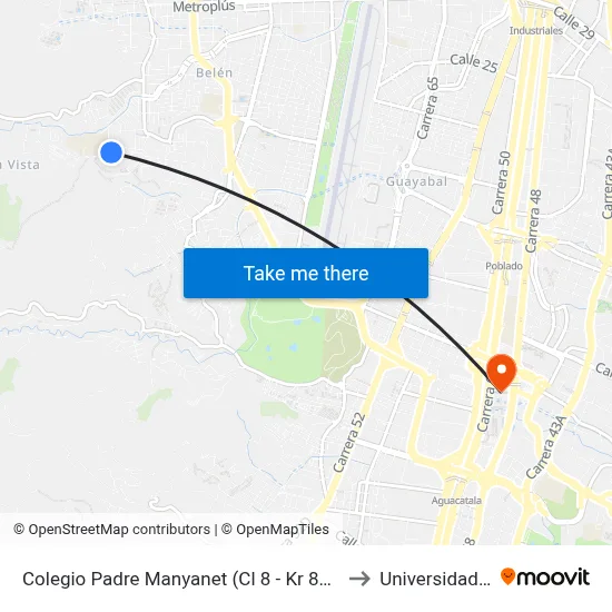 Colegio Padre Manyanet (Cl 8 - Kr 84f, Medellín) to Universidad Eafit map