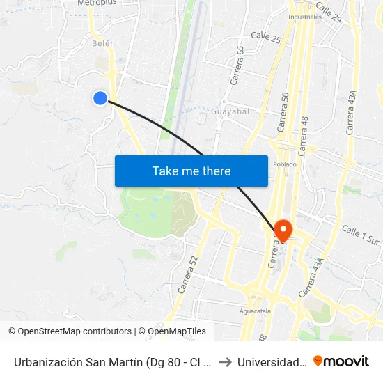 Urbanización San Martín (Dg 80 - Cl 7, Medellín) to Universidad Eafit map