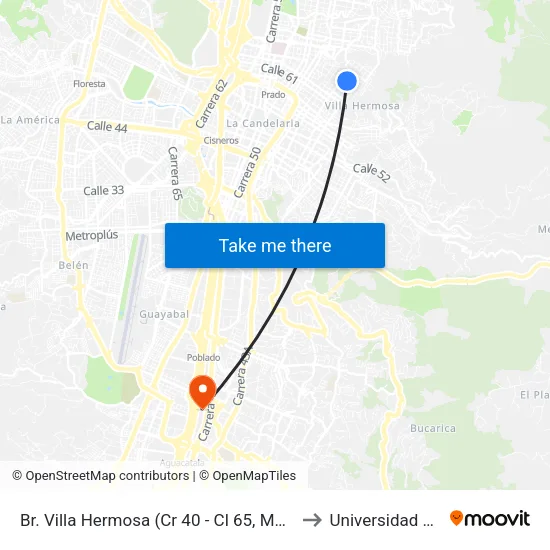 Br. Villa Hermosa (Cr 40 - Cl 65, Medellín) to Universidad Eafit map
