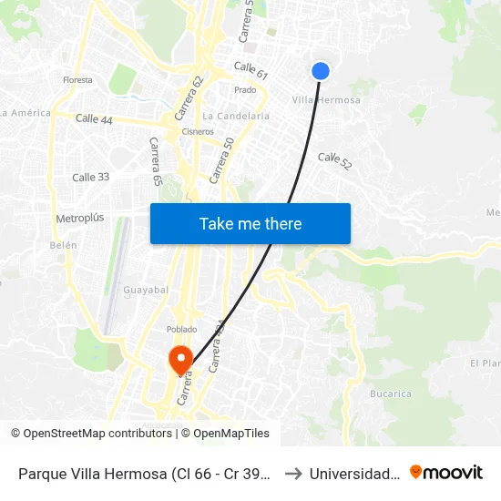 Parque Villa Hermosa (Cl 66 - Cr 39a, Medellín) to Universidad Eafit map