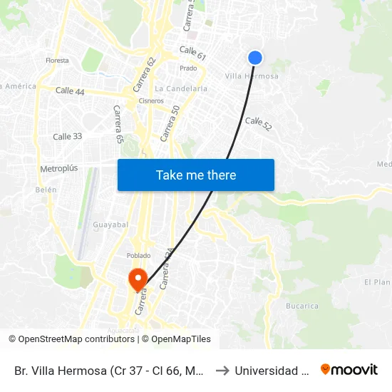 Br. Villa Hermosa (Cr 37 - Cl 66, Medellín) to Universidad Eafit map