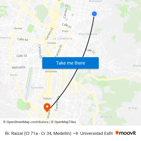 Br. Raizal (Cl 71a - Cr 34, Medellín) to Universidad Eafit map