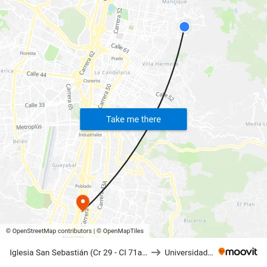 Iglesia San Sebastián (Cr 29 - Cl 71a, Medellín) to Universidad Eafit map