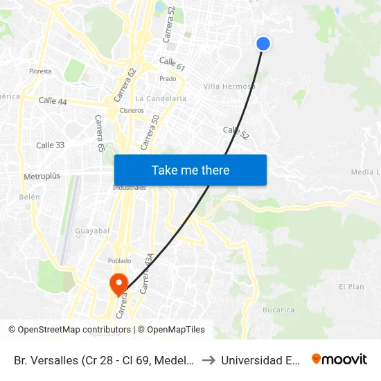 Br. Versalles (Cr 28 - Cl 69, Medellín) to Universidad Eafit map