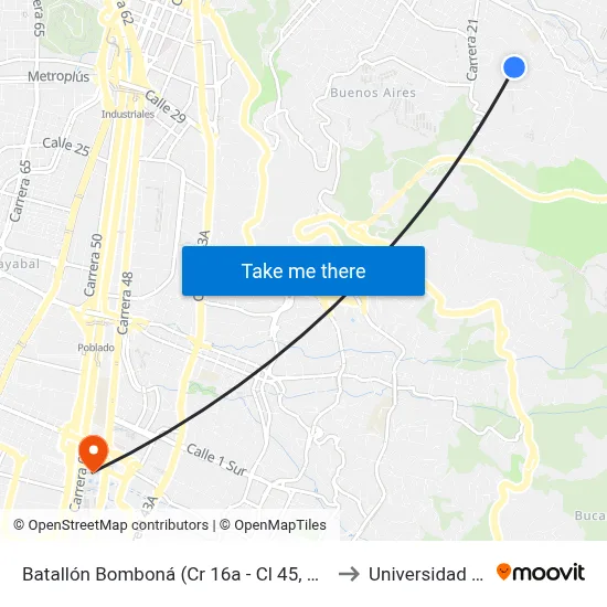 Batallón Bomboná (Cr 16a - Cl 45, Medellín) to Universidad Eafit map