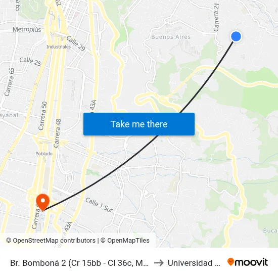 Br. Bomboná 2 (Cr 15bb - Cl 36c, Medellín) to Universidad Eafit map