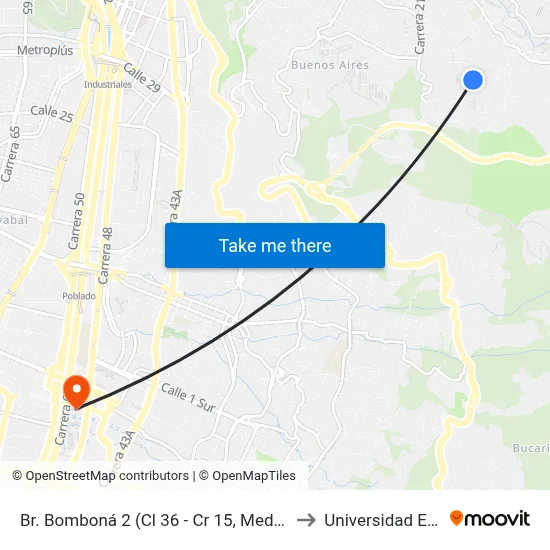 Br. Bomboná 2 (Cl 36 - Cr 15, Medellín) to Universidad Eafit map