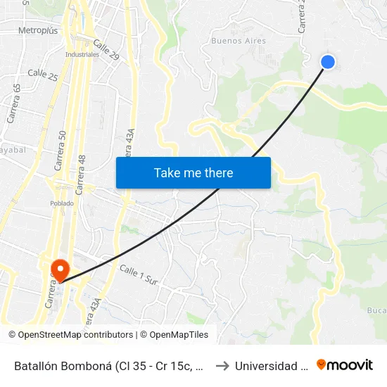 Batallón Bomboná (Cl 35 - Cr 15c, Medellín) to Universidad Eafit map