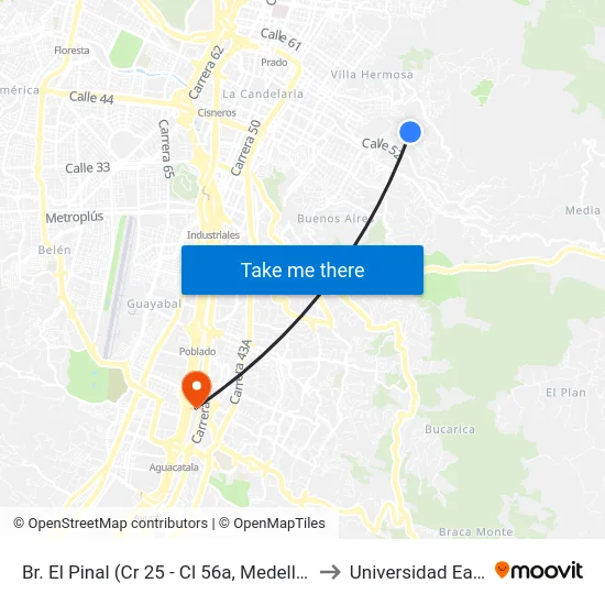 Br. El Pinal (Cr 25 - Cl 56a, Medellín) to Universidad Eafit map
