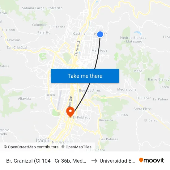 Br. Granizal (Cl 104 - Cr 36b, Medellín) to Universidad Eafit map
