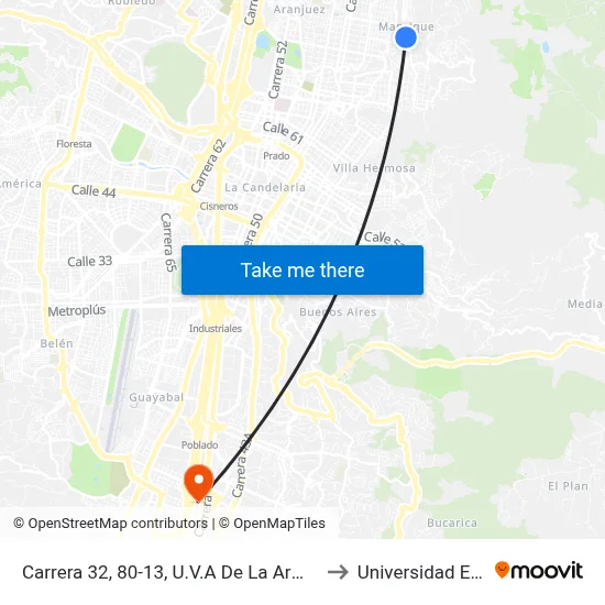 Carrera 32, 80-13, U.V.A De La Armonía to Universidad Eafit map