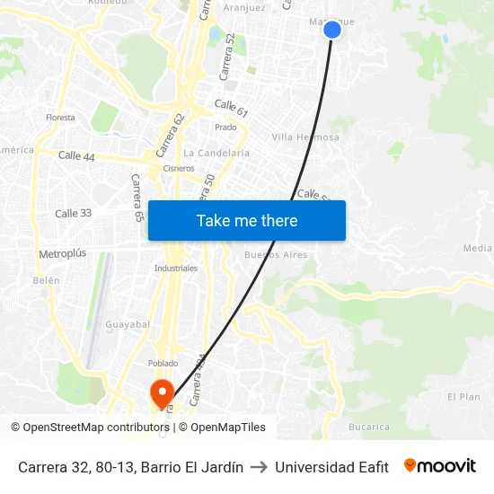 Carrera 32, 80-13, Barrio El Jardín to Universidad Eafit map