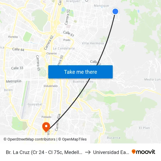 Br. La Cruz (Cr 24 - Cl 75c, Medellín) to Universidad Eafit map