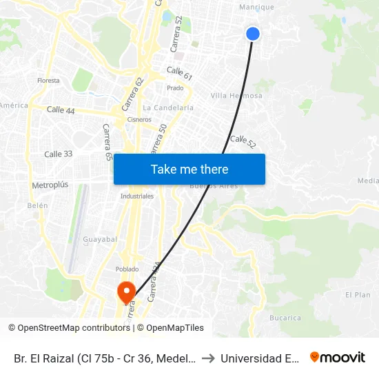 Br. El Raizal (Cl 75b - Cr 36, Medellín) to Universidad Eafit map