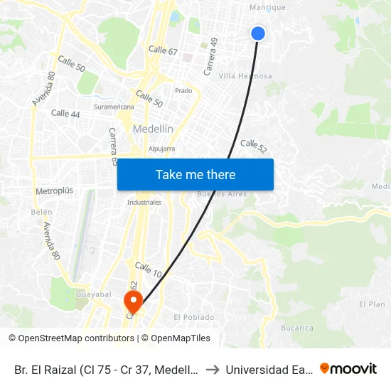Br. El Raizal (Cl 75 - Cr 37, Medellín) to Universidad Eafit map