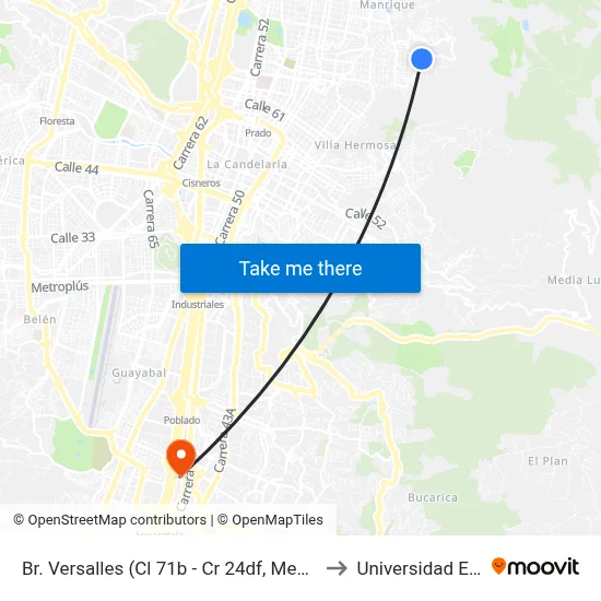 Br. Versalles (Cl 71b - Cr 24df, Medellín) to Universidad Eafit map