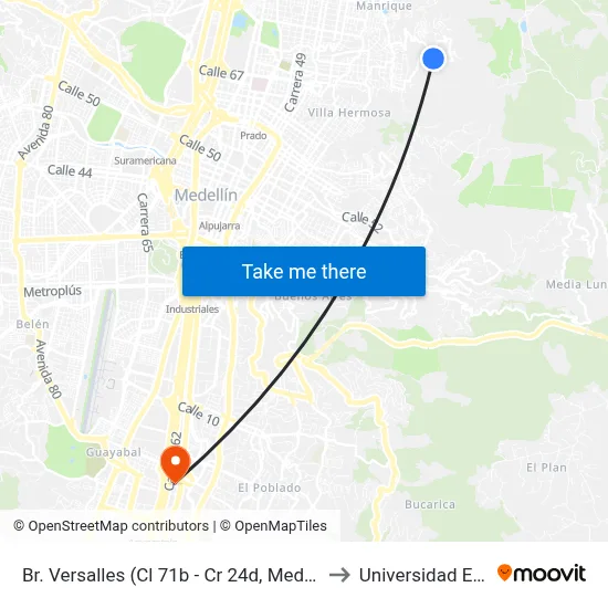Br. Versalles (Cl 71b - Cr 24d, Medellín) to Universidad Eafit map