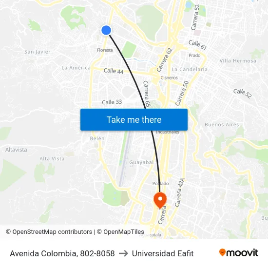 Avenida Colombia, 802-8058 to Universidad Eafit map